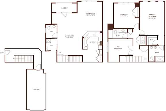 A floor plan of a house with a garage, living room, dining room, kitchen, and two bedrooms.