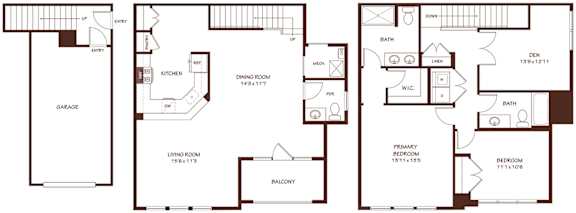 A floor plan of a house with a garage, living room, dining room, kitchen, den, and two bedrooms.