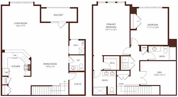 A floor plan of a two-story house with a balcony and a den.