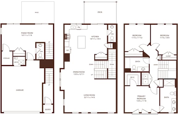 A set of three house floor plans showing different room layouts.