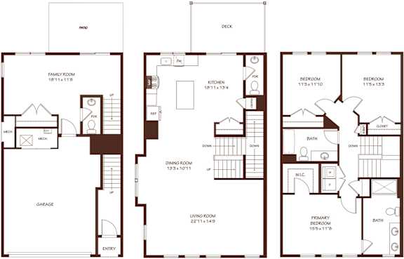 A floor plan of a house with a garage, living room, dining room, kitchen, and bathrooms.