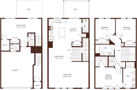 A set of three house floor plans showing a patio, deck, and living room.
