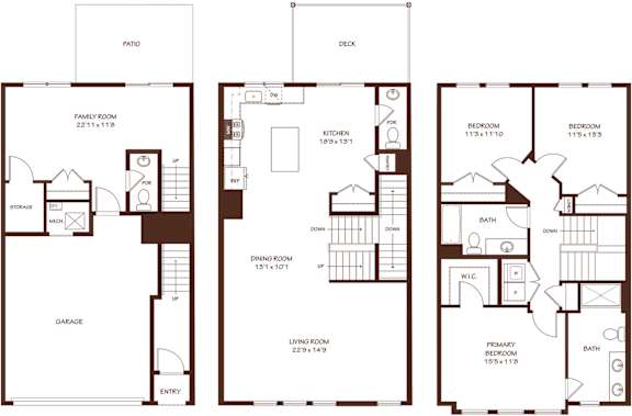 A floor plan of a house with a garage, family room, kitchen, dining room, and two bedrooms.