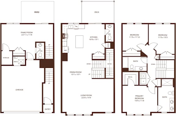 A floor plan of a house with a garage, family room, kitchen, dining room, living room, and two bedrooms.