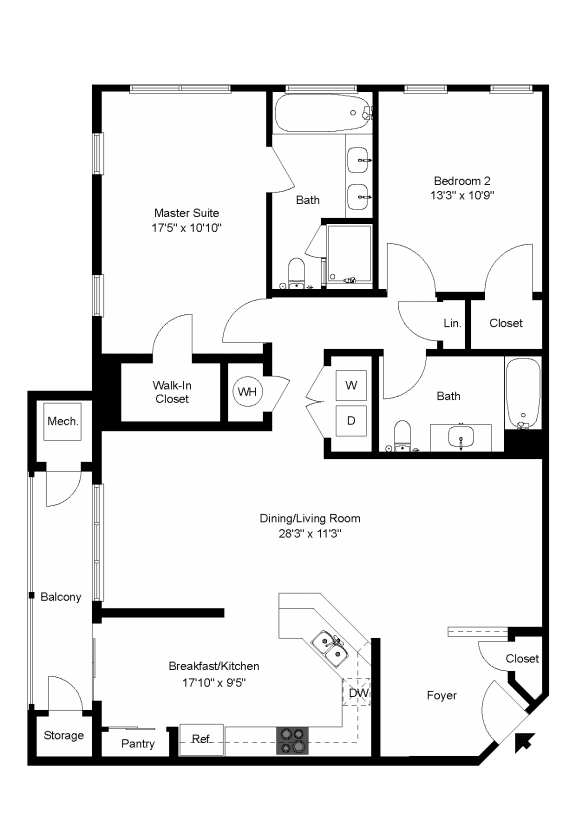The Andover - Two Bedroom Two Bathroom + Foyer Floor Plan at Queens Gate Apartments