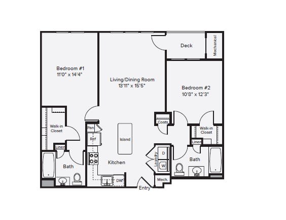B2-2 - Two Bedroom Two Bathroom Floor Plan at The Confluence at Norwalk, Norwalk