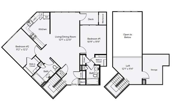 B3-1L - Two Bedroom Two Bathroom Loft Floor Plan at The Confluence at Norwalk, Norwalk