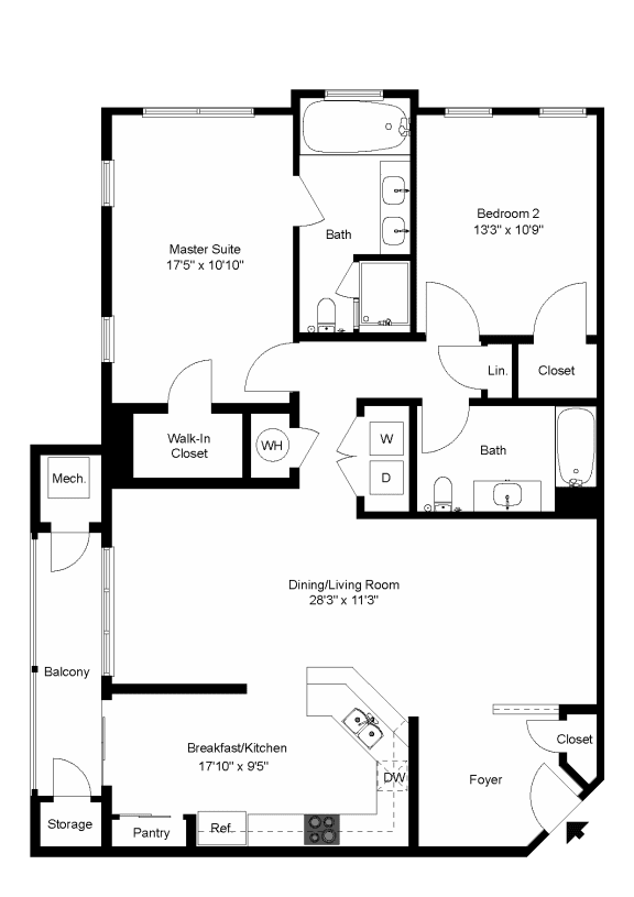 The Berkshire - Two Bedroom Two Bathroom &#x2B; Foyer Floor Plan at Queens Gate Apartments