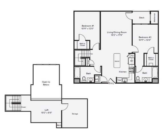 BM2-L - Two Bedroom Two Bathroom Loft Floor Plan at The Confluence at Norwalk, Norwalk