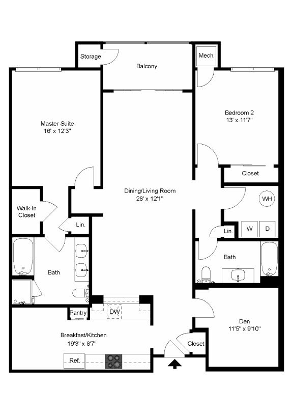 The Cadbury- Two Bedroom Two Bathroom &#x2B; Den Floor Plan at Queens Gate Apartments