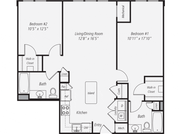 B1-1- Two Bedroom Two Bathroom Floor Plan at The Confluence at Norwalk, Norwalk