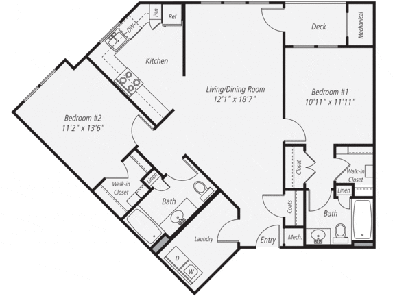B3 - Two Bedroom Two Bathroom Floor Plan at The Confluence at Norwalk, Norwalk