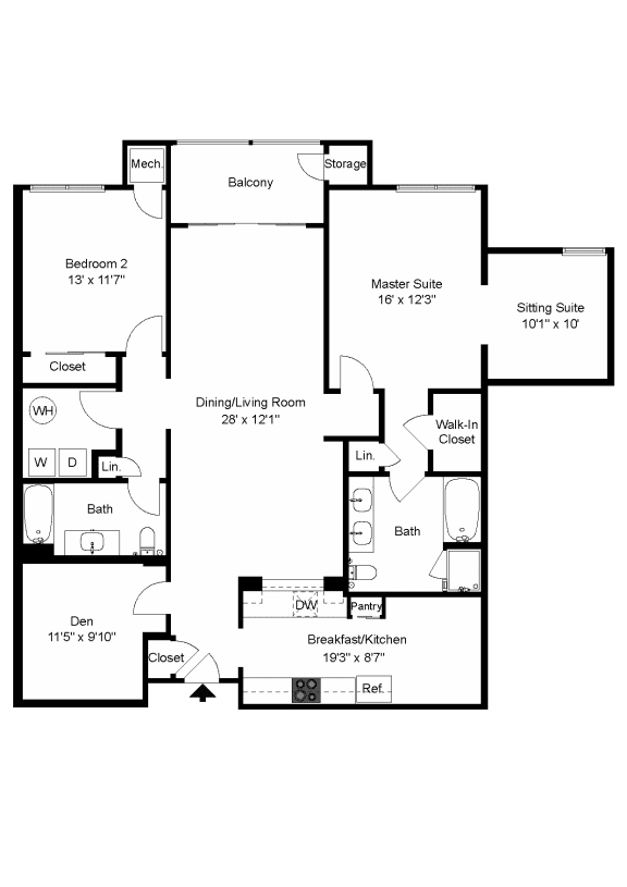 The Dartmouth- Two Bedroom Two Bathroom + Den Floor Plan at Queens Gate Apartments