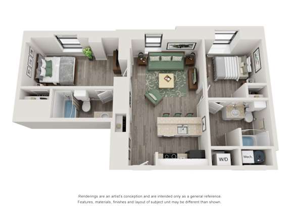 A top-down view of a small apartment with a kitchen, living room, and bathroom.