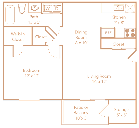A floor plan of a house with a living room, dining room, kitchen, bedroom, bathroom, and storage space.