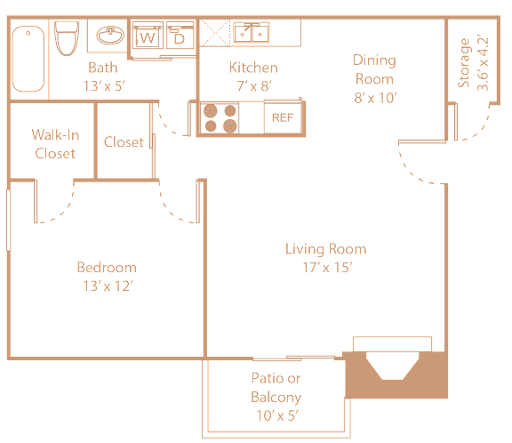 A floor plan of a house with a living room, dining room, kitchen, bathroom, bedroom, and walk-in closet.