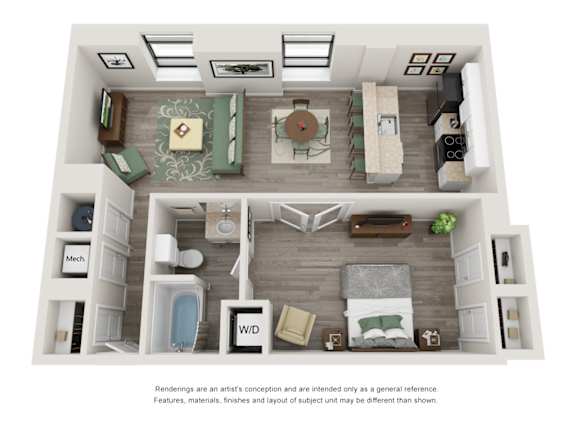 A floor plan of a small apartment with a kitchen, living room, and bathroom.