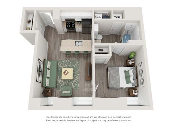 A floor plan of a house with a living room, dining room, kitchen, and two bedrooms.
