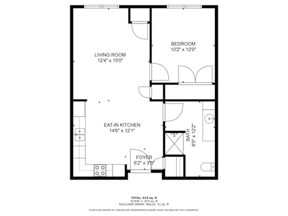 A black and white image of a floor plan for a home with a living room, bedroom, eat-in kitchen, and foyer.