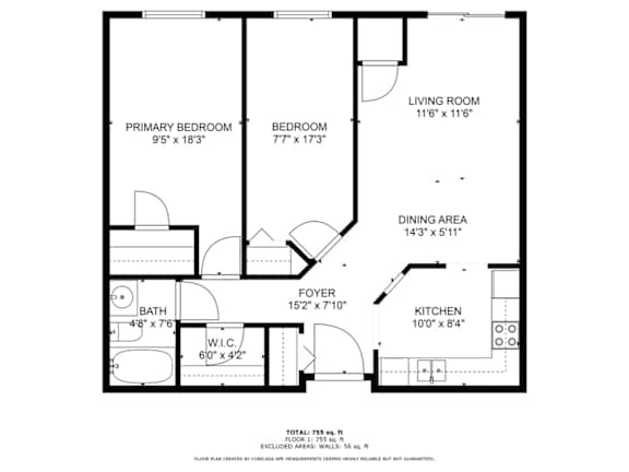 A floor plan of a house with a living room, dining area, kitchen, and two bedrooms.