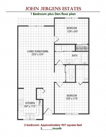 A floor plan for a 1 bedroom plus den apartment at John Jergens Estates.