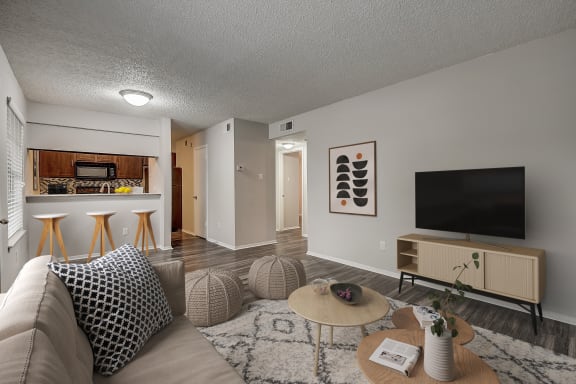 a living room with a couch and a coffee table in front of a flatscreen tv