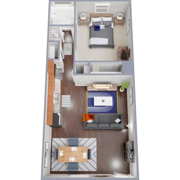 A top-down view of a small apartment with a bedroom, living room, and kitchen.