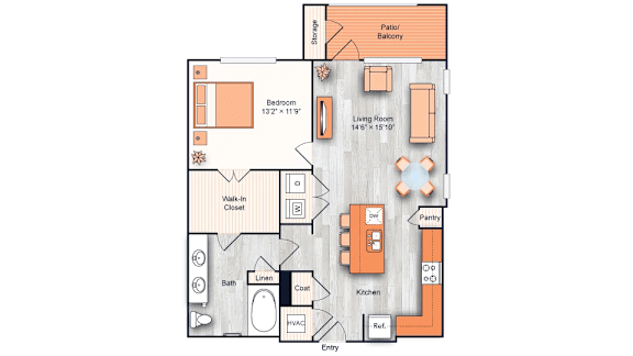 Floor Plan  A floor plan of a house with a living room, kitchen, and two bedrooms.