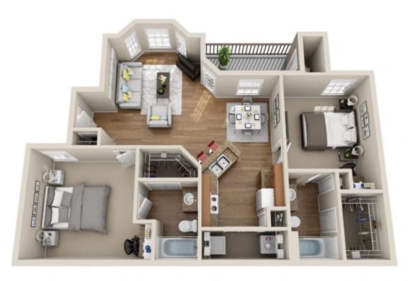 a 3 bedroom floor plan with a bathroom and a living room