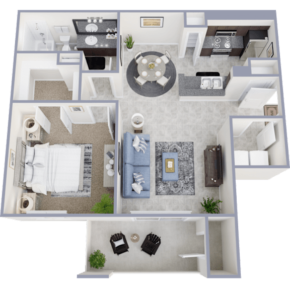 A 3D floor plan of a small apartment with a living room, kitchen, and bedroom.