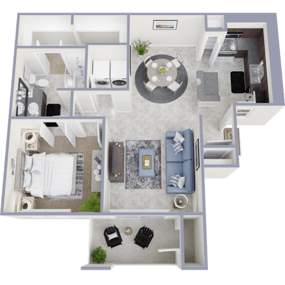 A 3D floor plan of a house with a living room, kitchen, dining area, and two bedrooms.