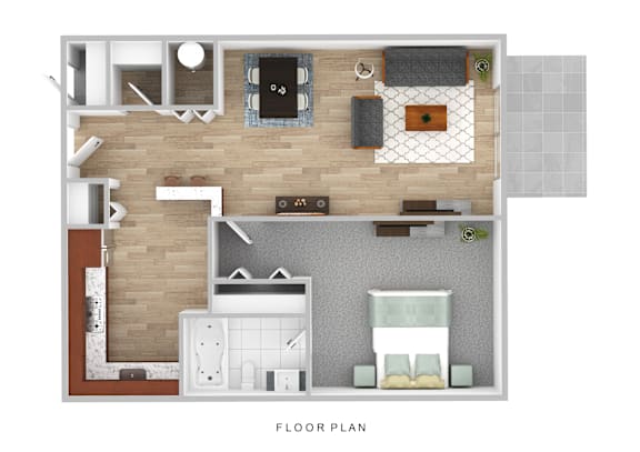 A floor plan of a house with a living room, kitchen, and bathroom.