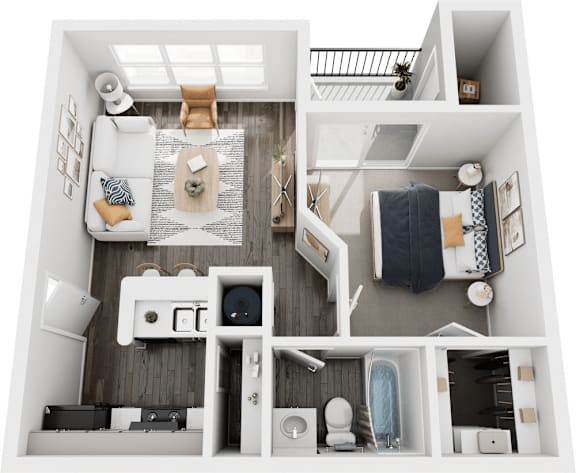 A top-down view of a small apartment with a kitchen, living room, and bathroom.