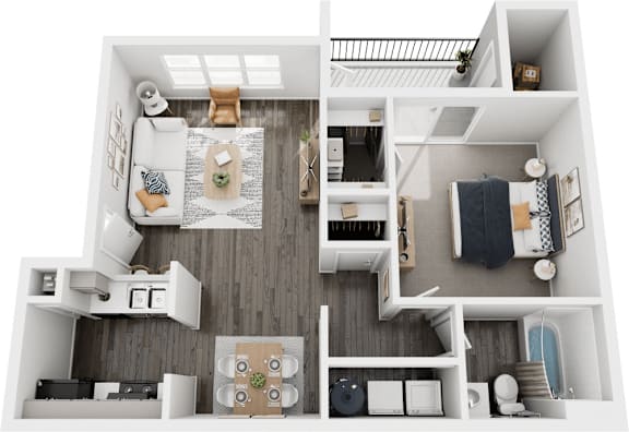 A top-down view of a small, well-organized apartment with a kitchen, living room, and bedroom.