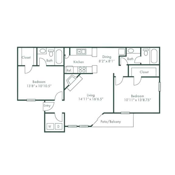 Floor Plan  A black and white floor plan of a house with two bedrooms, a living area, a kitchen, a dining area, and two bathrooms.