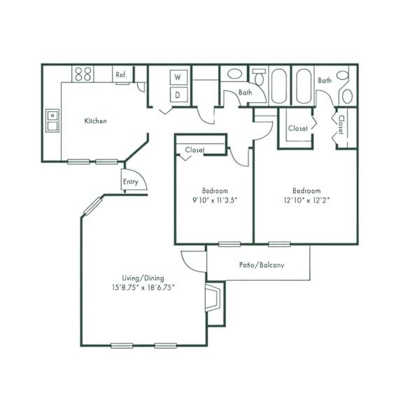 Floor Plan  A black and white floor plan of a house with a living room, dining room, kitchen, and two bedrooms.