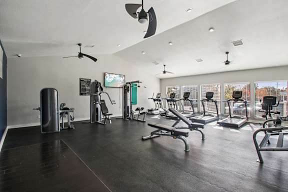 A gym with a variety of equipment including treadmills, weights, and a television.