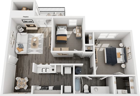 A top-down view of a small apartment with a kitchen, living room, and bedroom.