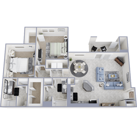 A 3D floor plan of a house with a kitchen, living room, and bedrooms.