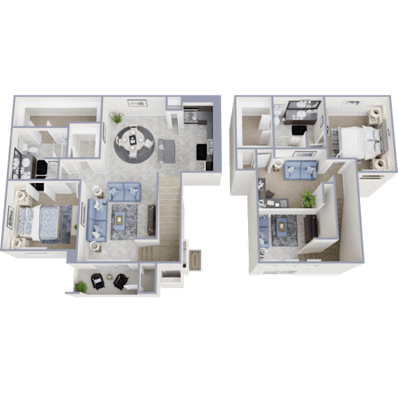 Two floor plans of a house with a central courtyard and a kitchen.