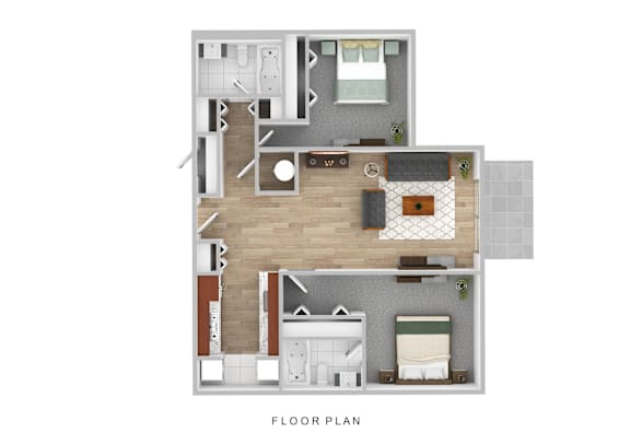 A floor plan of a house with a living room, kitchen, and two bedrooms.
