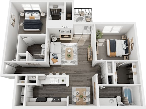 A top-down view of a small apartment layout with labeled rooms.
