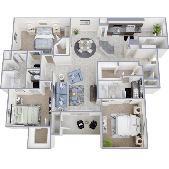 A detailed 3D floor plan of a house layout.