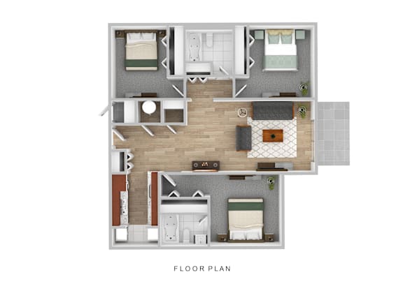A floor plan of a house with a living room, two bedrooms, a kitchen, and a bathroom.