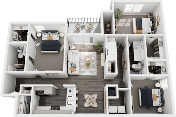 A top-down view of a small apartment layout with a kitchen, living room, and bedrooms.