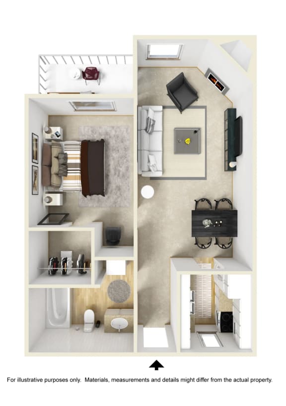 a stylized floor plan with a bedroom and living room