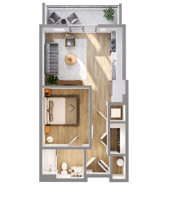 A top-down view of a room with a living area, kitchen, and bathroom.