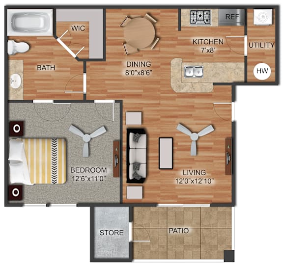 Floor Plan  A floor plan of a house with a bedroom, bathroom, kitchen, dining room, living room, and a store and patio.