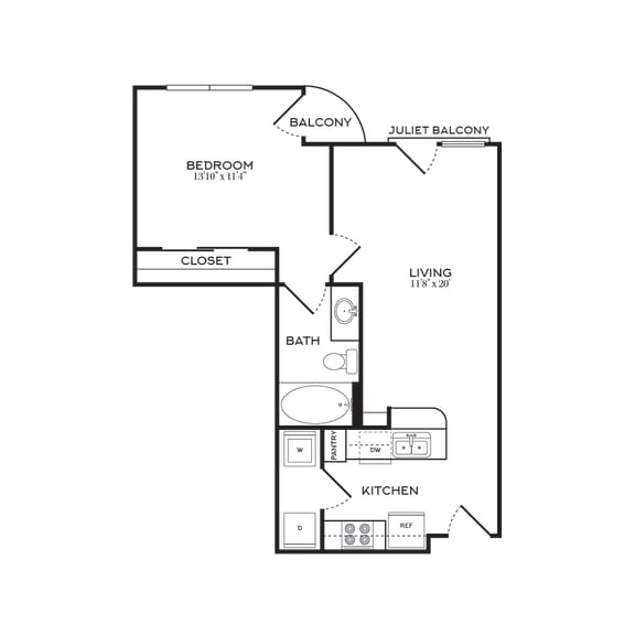 Floor Plan  1 Bed | 1 Bath | 594 sqft | 5 Mockingbird Apartments