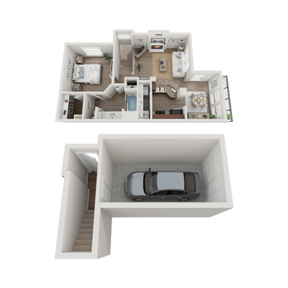 Floor Plan  A top-down and side view of a house layout with a car parked in the garage.
